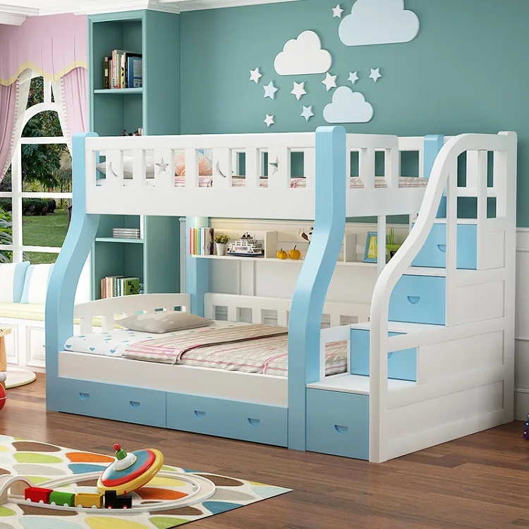 Amazon coloré dernière conception moderne intelligente meubles de lit en bois massif enfants lits superposés doubles avec tiroir de rangement ou échelle