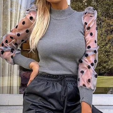 

F11228A 2021 European style Sexy net yarn patchwork knitted blouse for ladies, Grey / black /brown