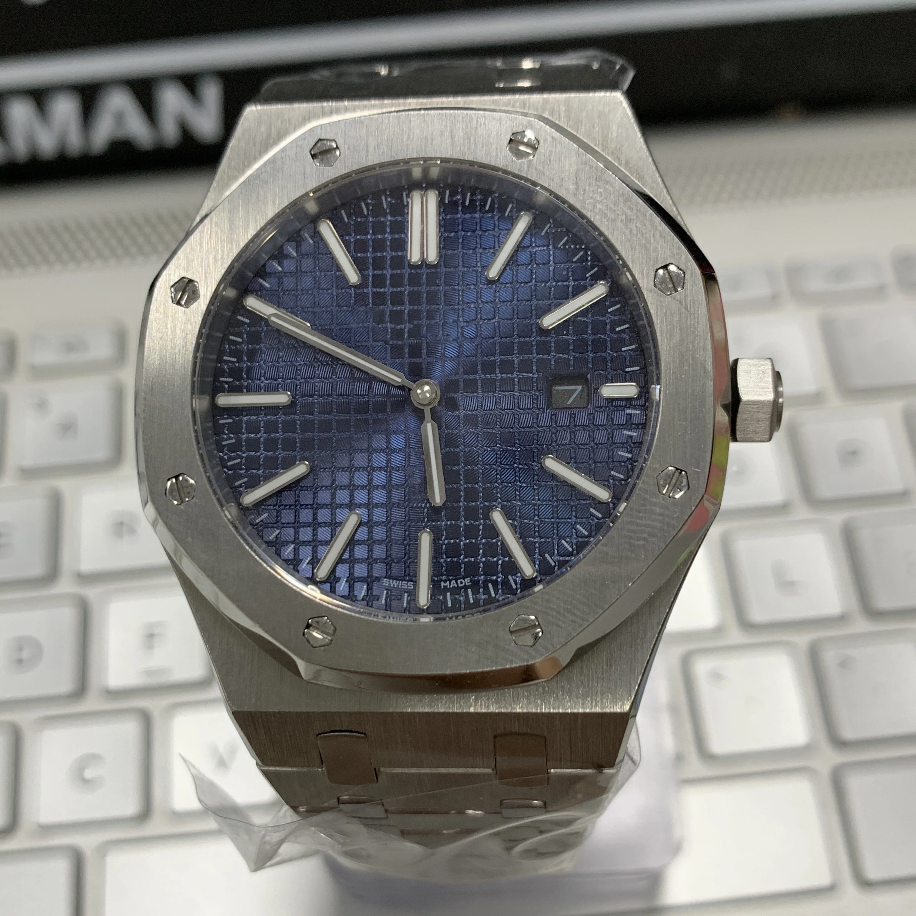 

Oak silver case navy blue grid dial clear luxury waterproof mechanical sport watch