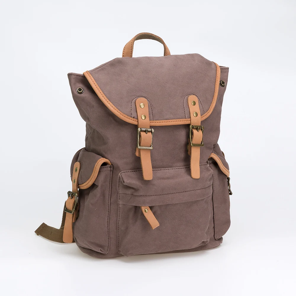 

20SC-8947M Ready To Ship Laptop Backpack for Men School Bag Large Size Leather Khaki Canvas Backpack, Brwon (can be customized)