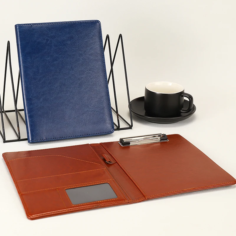 A5 Size PU Leather File Folder Office Stationery Ring Binder with Clip Binder Without Buckle A5 Portfolio Binder