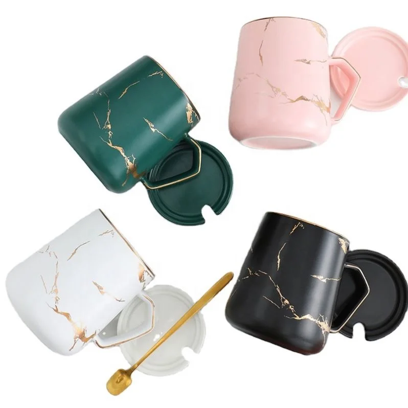 

New Sale Porcelain Golden Marble Mug Set, Gift Use Golden Line Drawing Ceramic Coffee Mug With Lid And Spoon, Same as picture or customized
