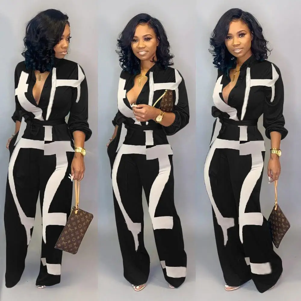 

Aliexpress Hot Sale Women Long Pants Jumpsuits Long Sleeve Printed Jumpsuit, Black, white