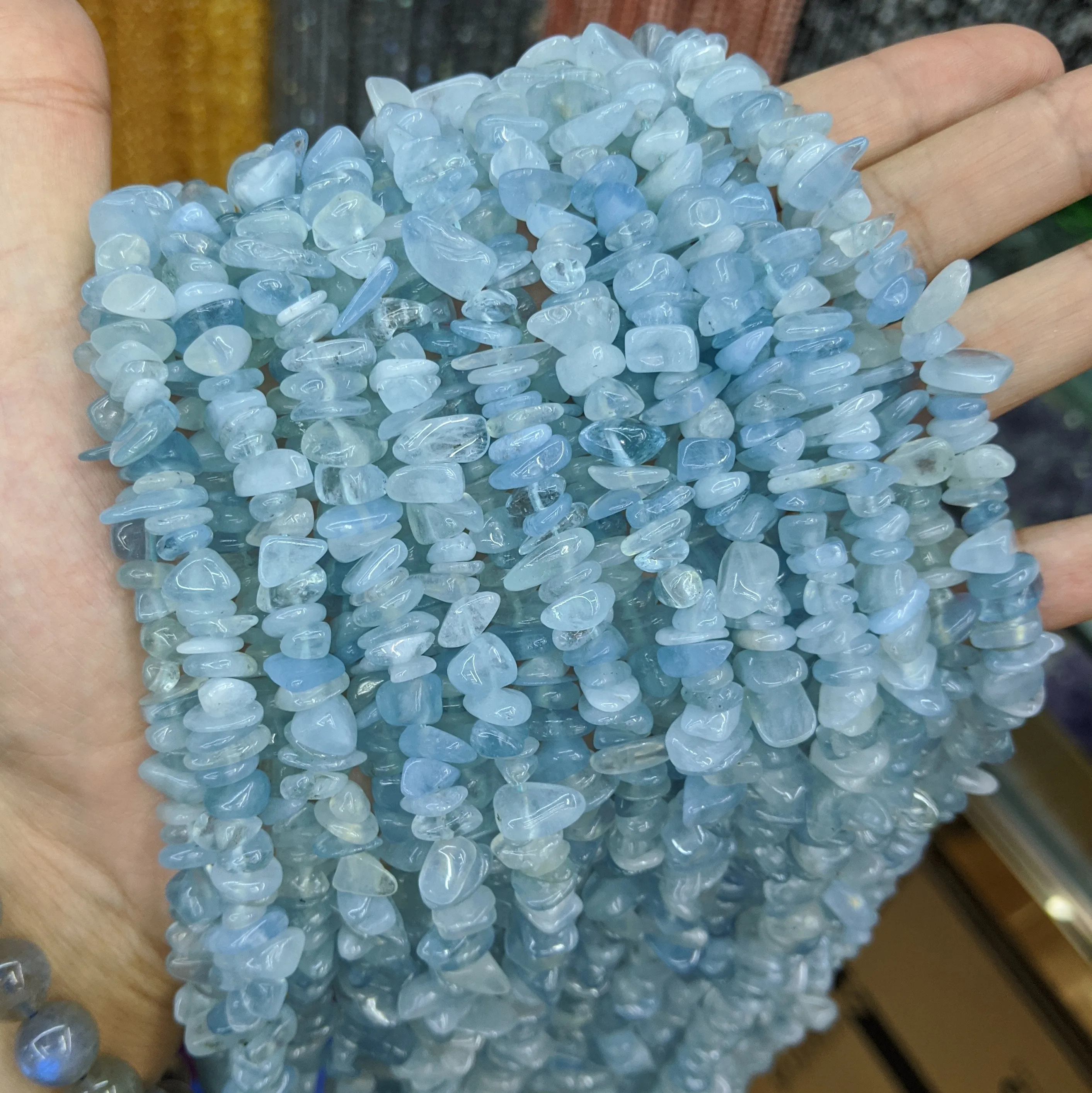 

Natural Blue Gemstone Small Loose Freeform Tumble Irregular Chips Strand Aquamarine
