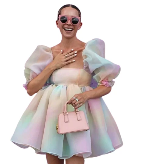 

2021 Summer Rainbow Tie Dye Short Puff Sleeve Square Collar Organza Mini Princess Puffy Dress Women