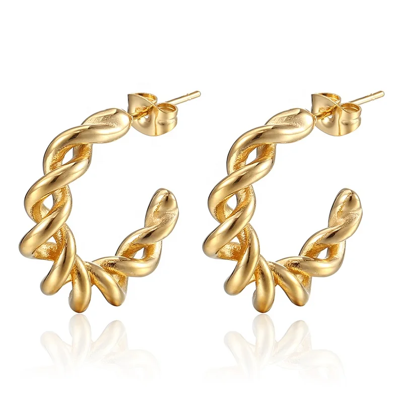 

Wholesale Non Tarnish Free Waterproof Jewelry Stainless Steel 18K Gold Plated Twisted Wire Hoop Earrings