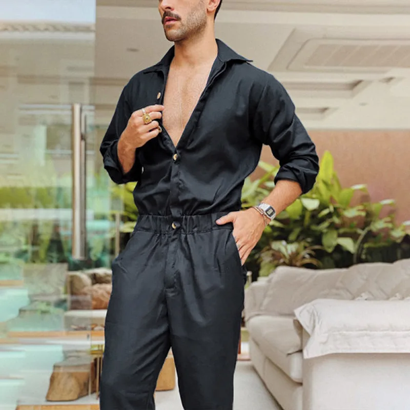 

Amazon Hot selling fashion trousers for men uniform solid color long sleeve men's trousers one piece jumpsuit trouser