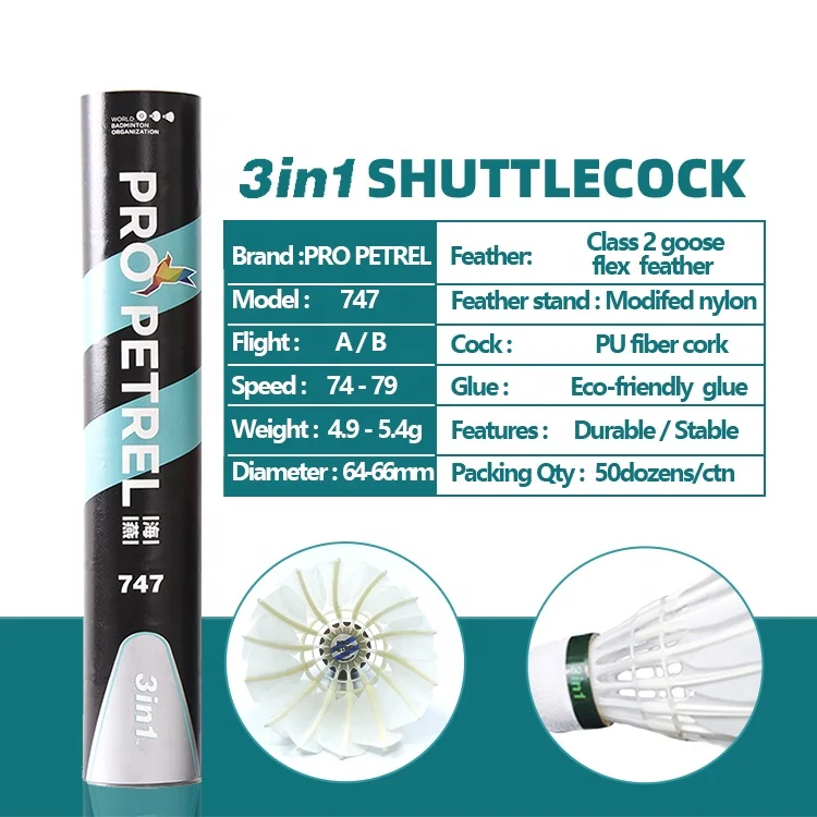 

Factory Supply 747 Pro Petrel Brand 3in1 Badminton Shuttlecock Greatest Price Shuttles Badminton Goose Feather, Nature white