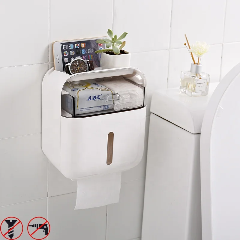 

Wall-Mounted Bathroom Tissue Paper Holder with phone shelf Multifunction Tissue Box, White/chocolate