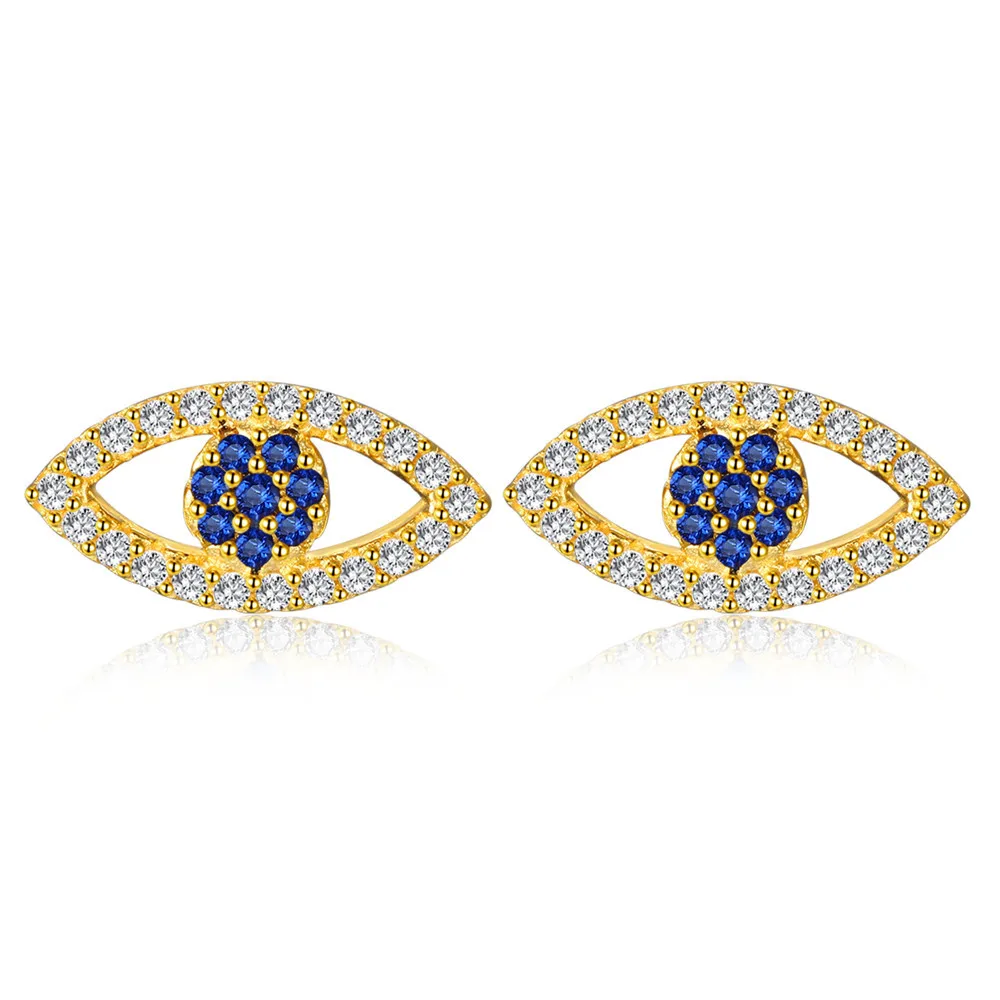 

Factory Direct Sale 925 Sterling Silver 18K Gold Plated Cubic Zirconia Micro Pave Blue Zircon Evil Eye Stud Earrings