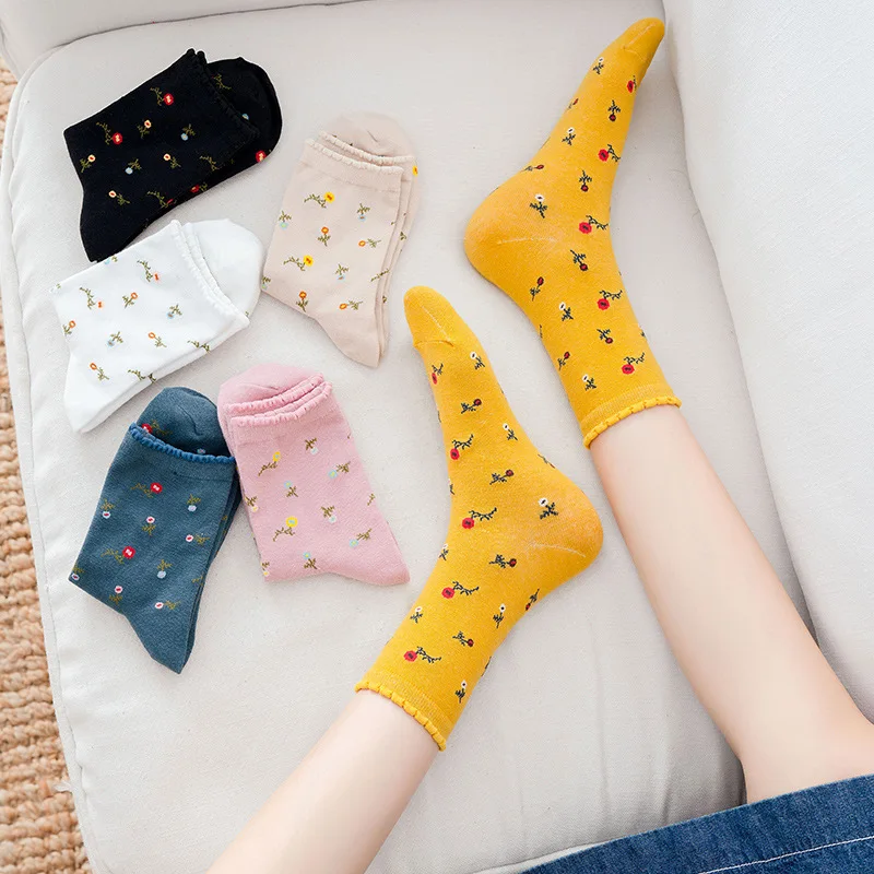 

JULY'S SONG Lovely Flowers Pattern Women Socks Autumn Winter Soft Cotton Socks for Ladies Fashion Girls Breathable Tube Socks, Yellow, dark blue, pink, black, khaki, white