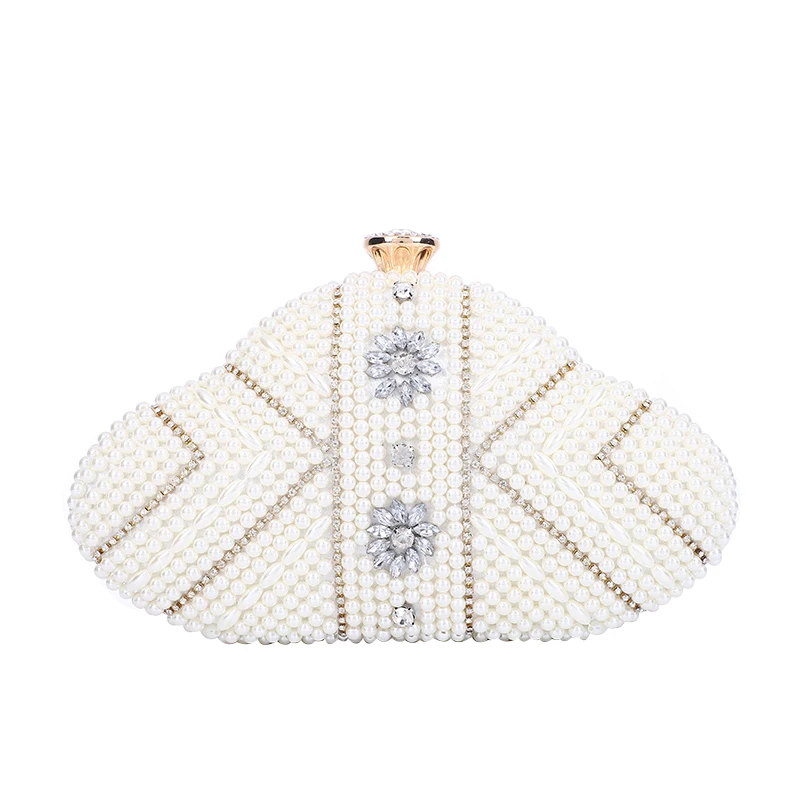 

Indian Style Double-sided Handmade Bead Embroidery Fan-shaped Pearl Rice Beads With Rhinestones Handbag Ladies Formal Dinner Bag, Accept customized