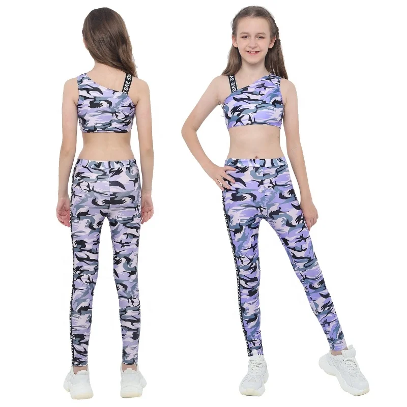 

Girls Camouflage Sports Suit 2 Piece Sleeveless Tank Crop Tops Pants Tracksuit