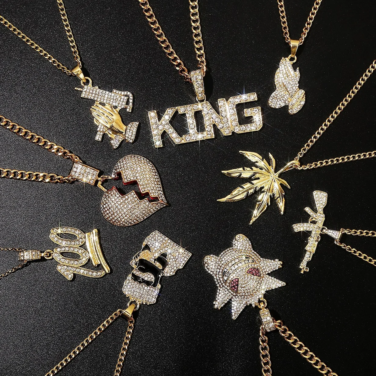 

JOJO Fashion Personality Hip-hop Punk Letter Cross Heart Clown Joker AK47 Women Men Rhinestone Zircon Pendant Necklace