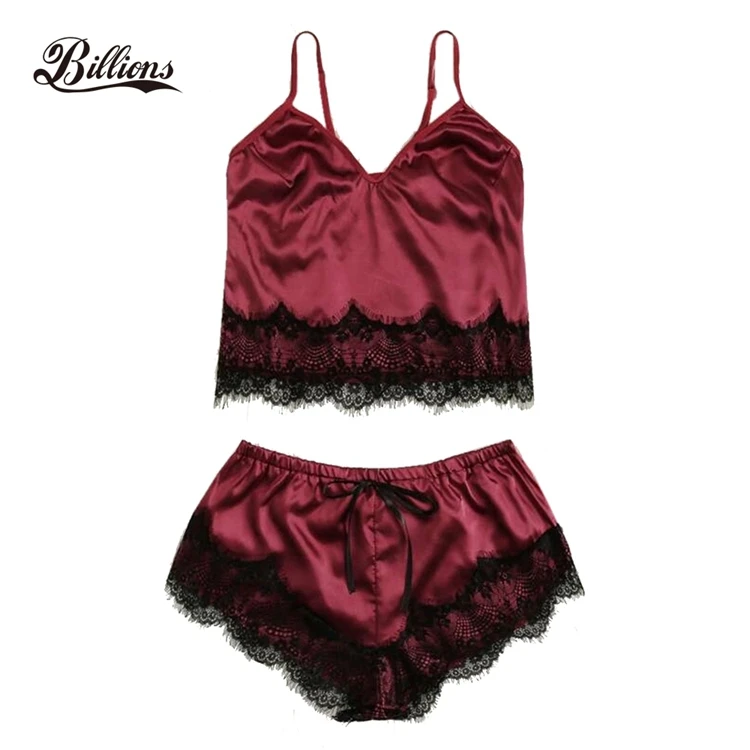 Hot Sexy Erotic Lace Trim Satin Cami Pajamas With Shorts Lingerie Set