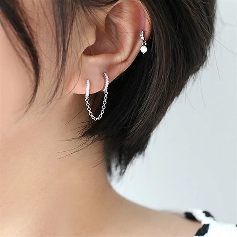 

One PCS Hot Sale Two Hole Piercing Earrings for Women Brilliant Crystal Zircon 3 Metal Color Chain Earring Party Jewelry