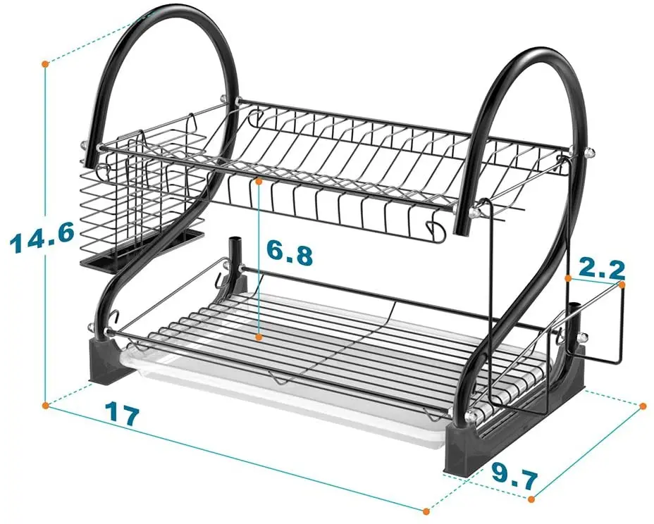 

Holder Dish Drainer for Kitchen Counter Top Kitchen Metal Iron 2 Tier Dish Rack with Utensil Holder Cup