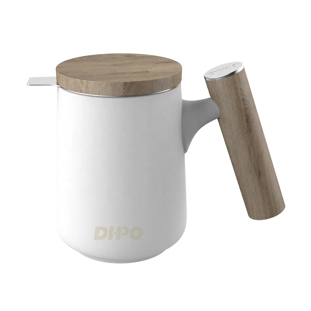 

DHPO 16oz ceramic tea infuser mug with lid and wooden handle, Black, white, gray, red, blue, green, yellow