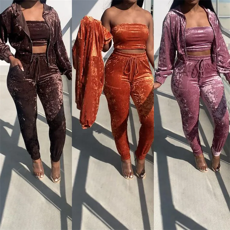 

3 pc set women solid color velvet 3 pieces lounge wear sets tube top hooded jacket and pants women sweatsuit set tracksuit