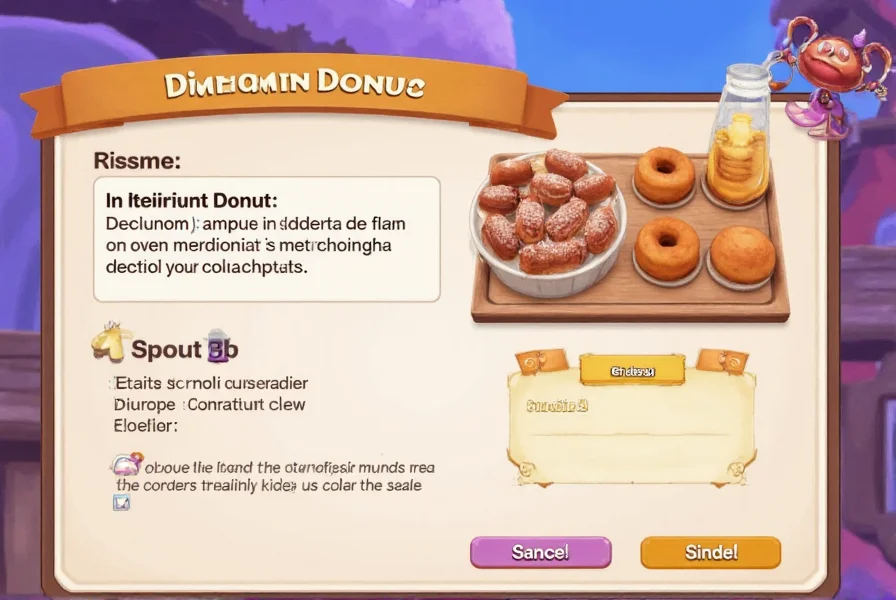 Disney Dreamlight Valley cinnamon donut cooking interface showing ingredients and preparation steps