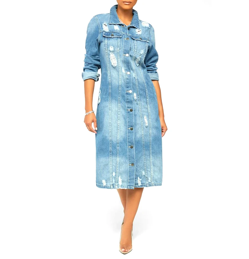 

New spot ladies jacket denim long windbreaker jacket trendy ripped wind hole denim jacket