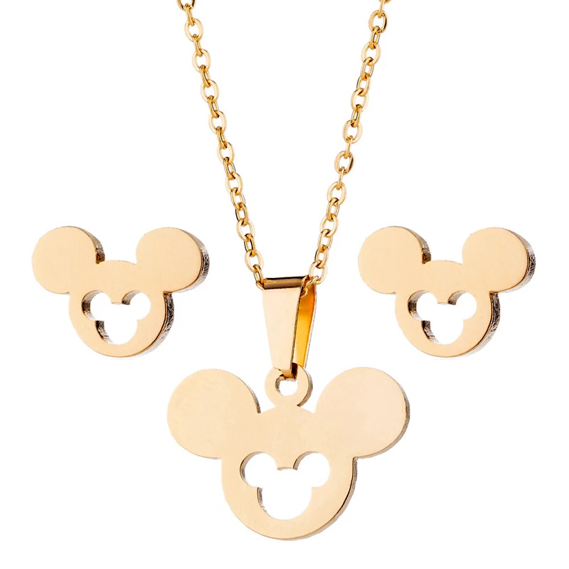 

Wholesale Non Tarnish 18K Gold Silver Plated Stainless Steel Women Ladies Mickey Head Minnie Mouse Earring Necklace Jewelry Set