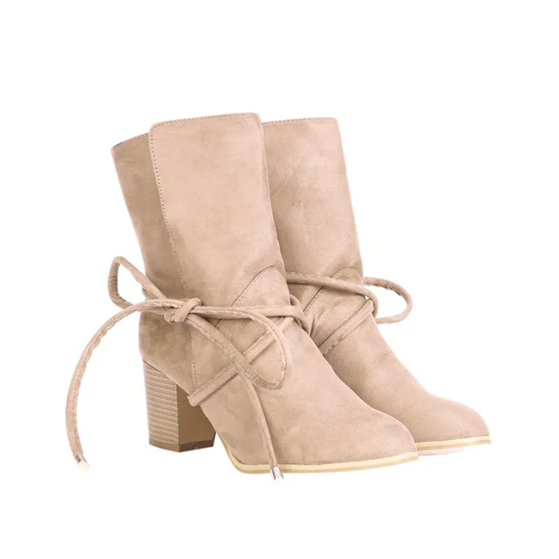 

Medium Height Increasing Square Heeled Women Boots Fashion Winter Boots Shoes Waterproof Round Toe Rubber Suede Heels