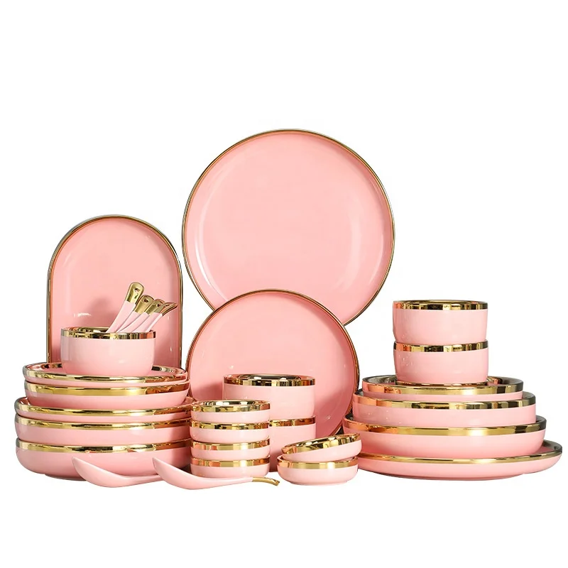 

Nordic Luxury minimalist modern style Porcelain tableware shiny pink Plate salad Bowl Dish spoon Dinnerware Sets for daily-use