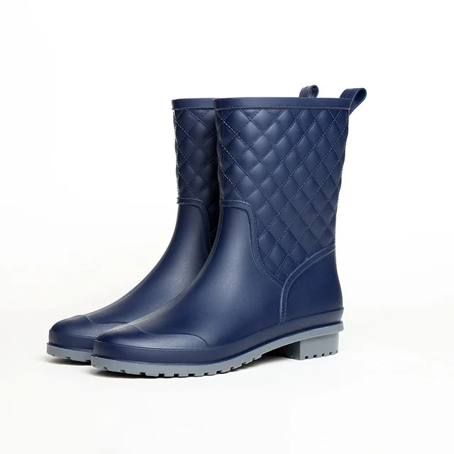 

Rhombus PVC Mid-top Rain Boots Hard-Wearing Women Casual Rain Shoes, Black blue apricot