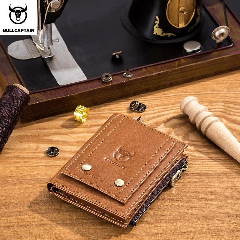 

BULLCAPTAIN Men's Travel Wallet Men's Leather Men's Custom Folding Wallet Card Case RFID Zip Wallet Coin Purse