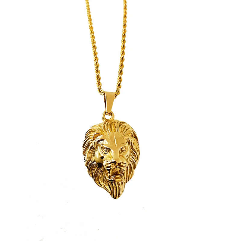 

Street Wear Vintage Animal Pendants 35mm Fashion Men's Stainless Steel Necklace hips hops Jewelry Lion Pendant With Rope Chain