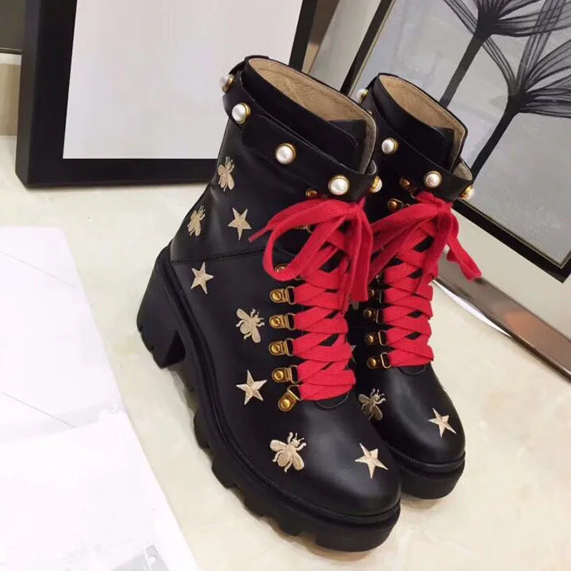 

Women's Casual Winter Boots Luxury Brand Shoes Bees Stars Female Genuine Leather Famous Sneakers Lace Up Fur Brand Boots
