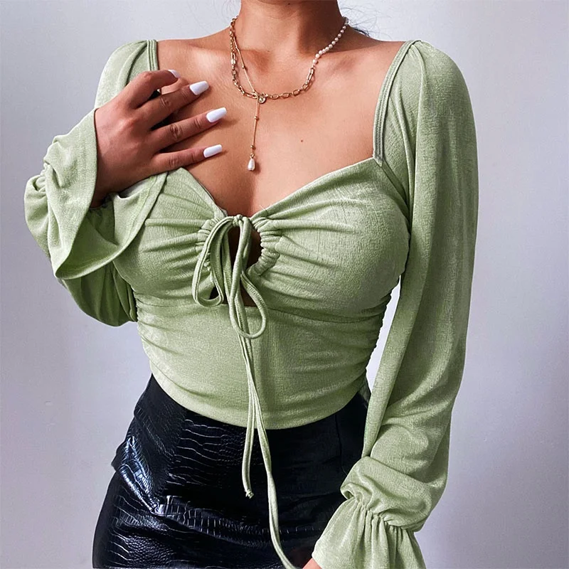 

2021 Autumn Crop Top Collarless Bandage Trendy Ribbed Solid Sexy Crop Top Long Sleeve Ruffles Backless Casual Crop Top Shirt