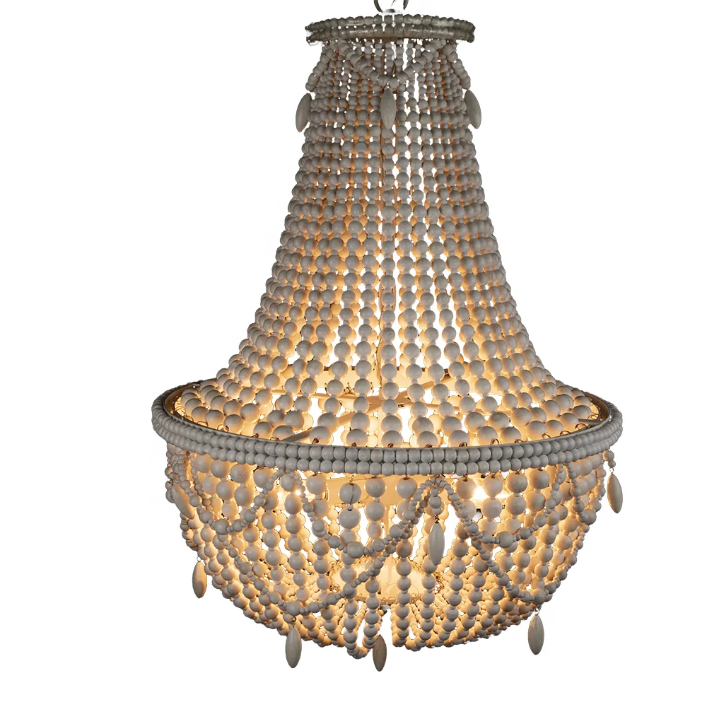 Farmhouse Distressed Wood Beaded Basket Chandelier White Pendant Three Lights Vintage Bedroom Bead Chandeliers