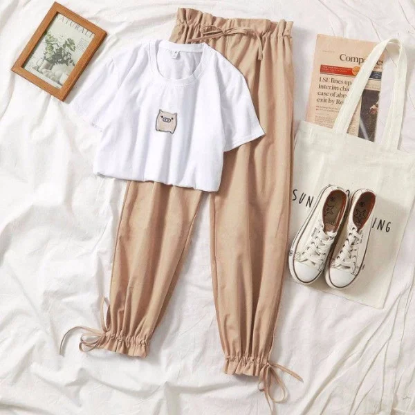 

Summer teen girl clothing set womem clothing short-sleeved harem pants love was thin two-piece suit wide-leg pants