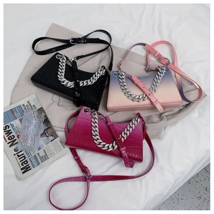 

2021 New crocodile pattern gradient chain zipper shoulder bag wholesale girls shopping wallet and phone handbags, 3 colors