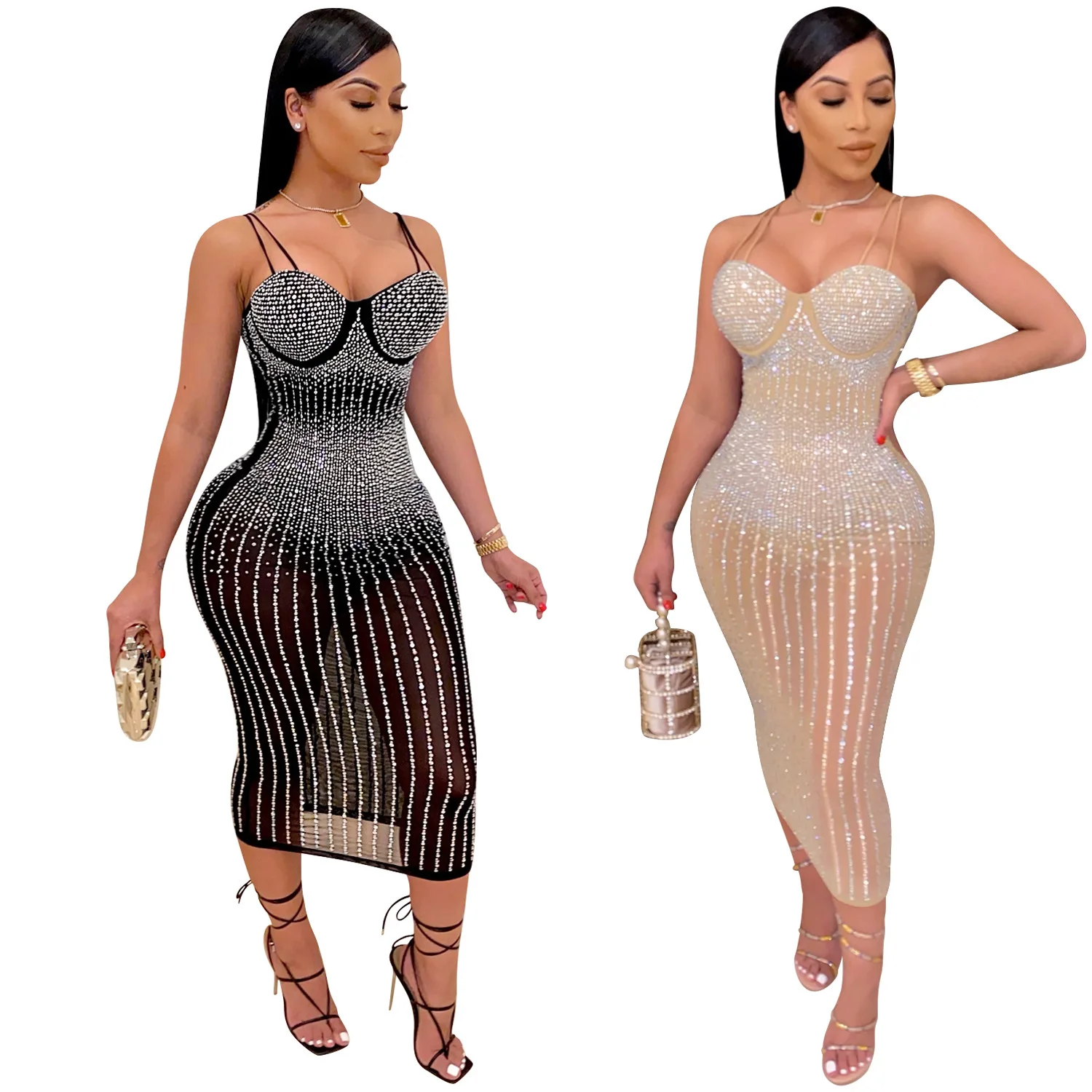 

New Fashion Women's Party Nightclub Net Yarn Perspective Hot Rhinestone Strap Dress, Customized color