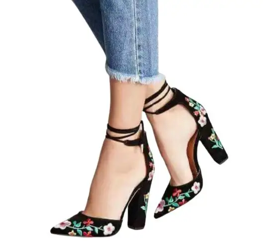 

F20620A European fashion women high heels shoes suede rose embroidery shoes for ladies, Black/beige