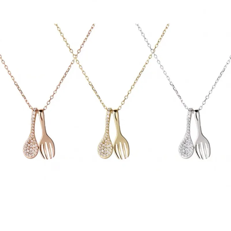 Fashion Pendant Necklace 925 Sterling Silver Zircon Necklace Soup Spoon Fork Pendant Gold Plated Necklaces for Women