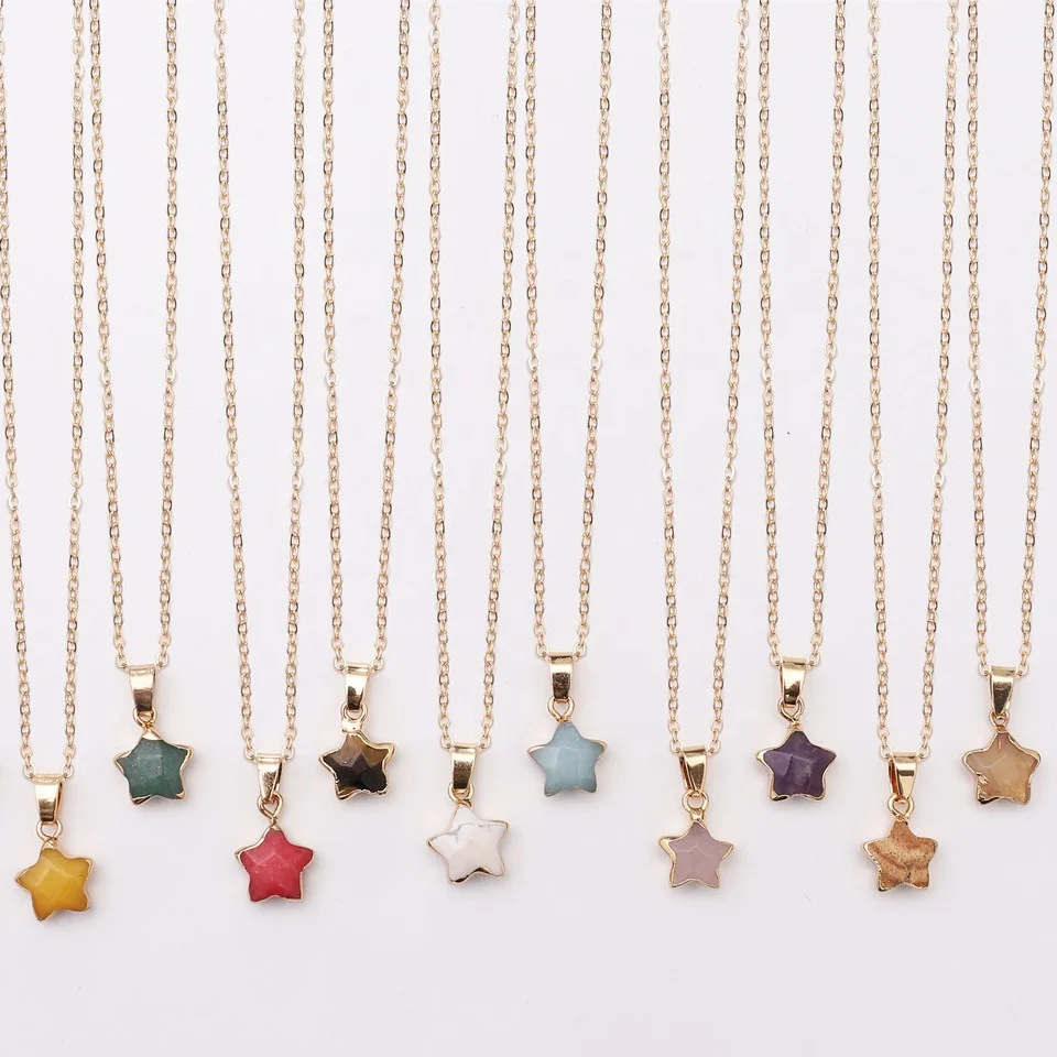 

Hot sale alloy gold plated star shaped natural crystal stone pendant necklace for women jewelry, As the pic show