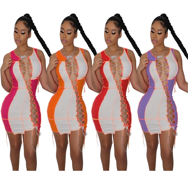 

GX9288 Summer Hollow Out Dresses Ladies Sexy Women Bodycon Patchwork Color Tops Club Mini Stylish Clothing Dress 2021, Picture