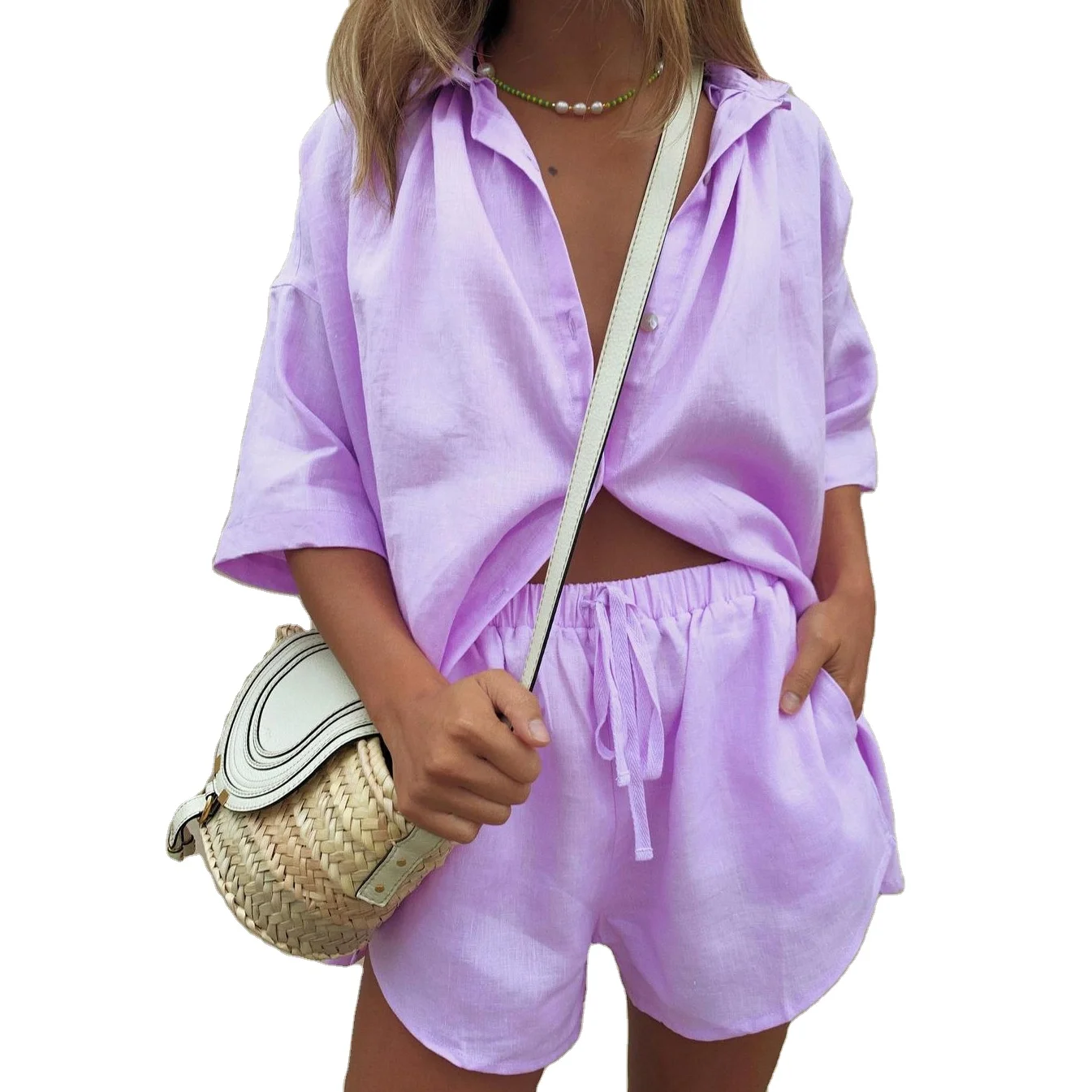 

Short sets plus size pant suits clothing sets leisure summer solid color single-breasted short-sleeved shirt shorts, Picture