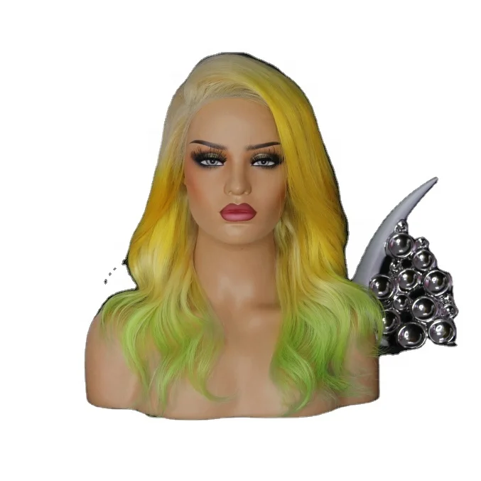 

White yellow and green gradient Body Wave Wig Front Lace Human Hair Wig Beautiful Girl Brazilian Virgin Hair colorful lace wig