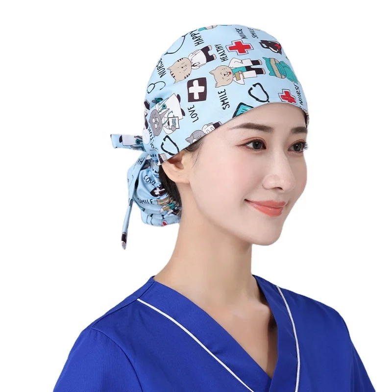 

100% Cotton Ladies Anti-hair Cap Hospital Uniform Printed Scrub Nurse Hat pet nursing scrubs caps satin lined hat beauty hospita