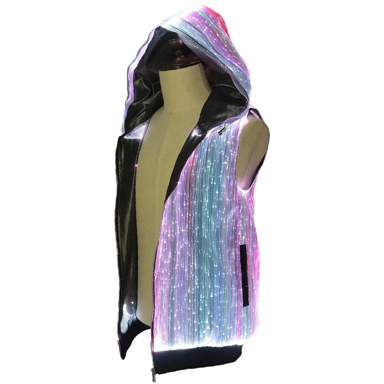 

Latest design fancy glowing in the dark sleeveless fiber optic light up costume reflective hoodie, Custom color