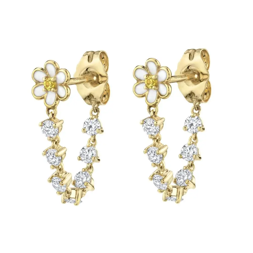 

fashion cz paved long chain dangle charm earring with white enamel flower shape earring for women long earring jewelry