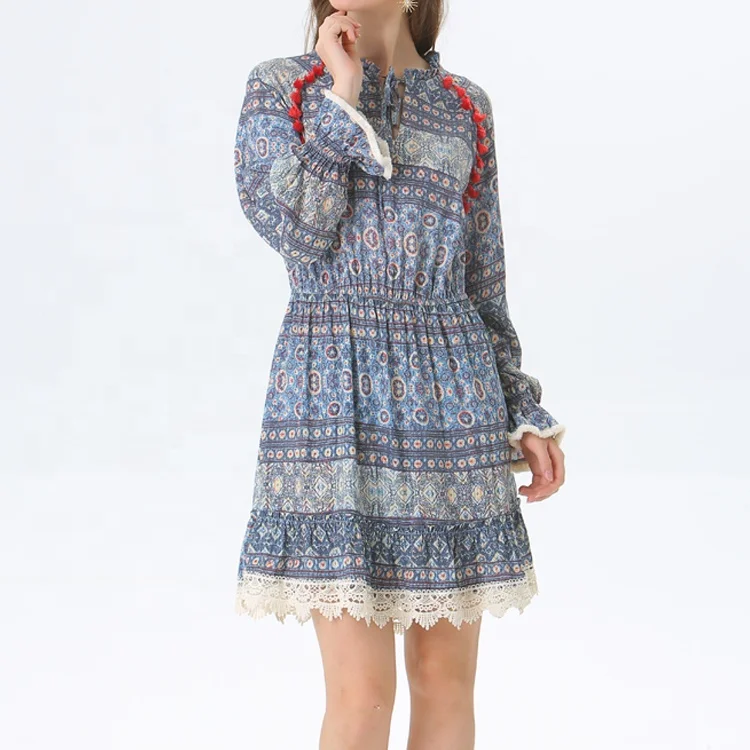 

Stocklot fashion women's printed rayon casual dress with lace contrasted in stock, Blue multi
