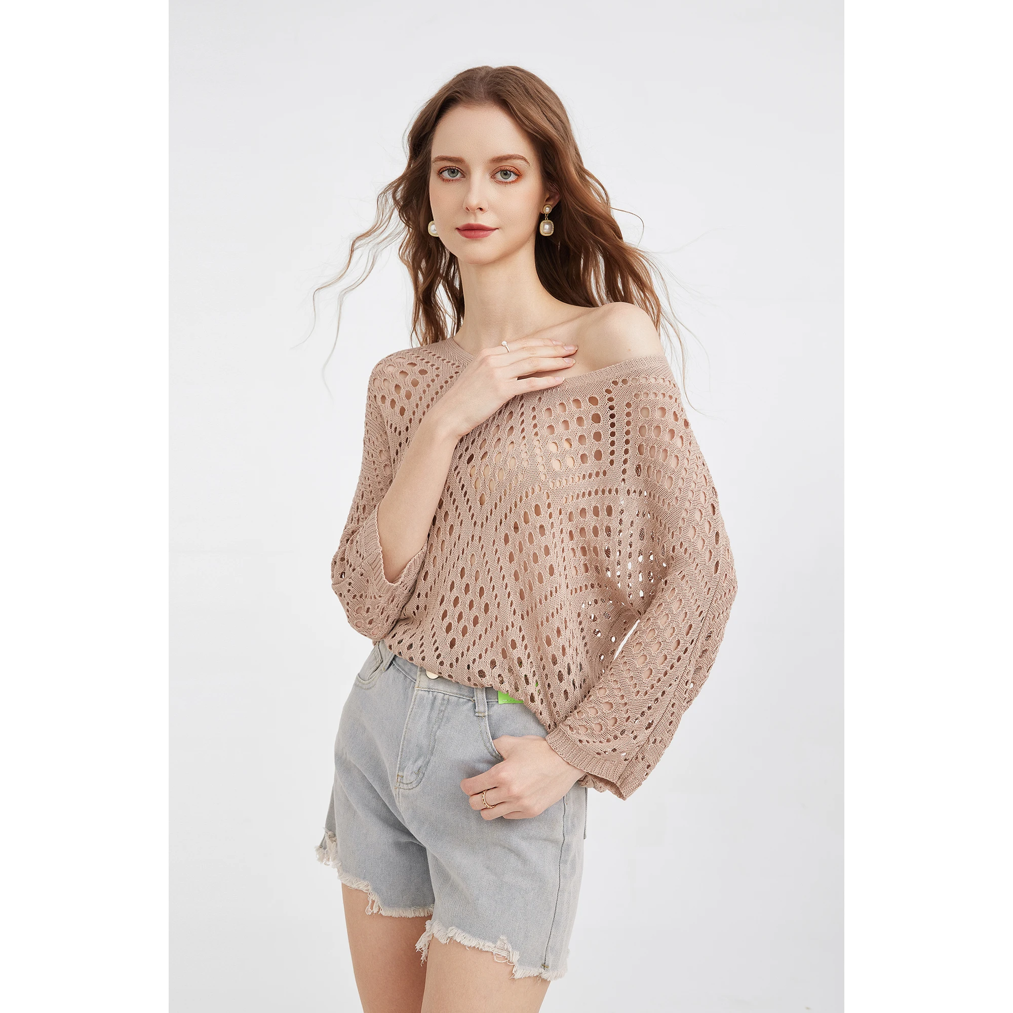Women's Loose Hollow Style Three-quarter Sleeves Knitwear Breathable Casual Knitted Pullover Top