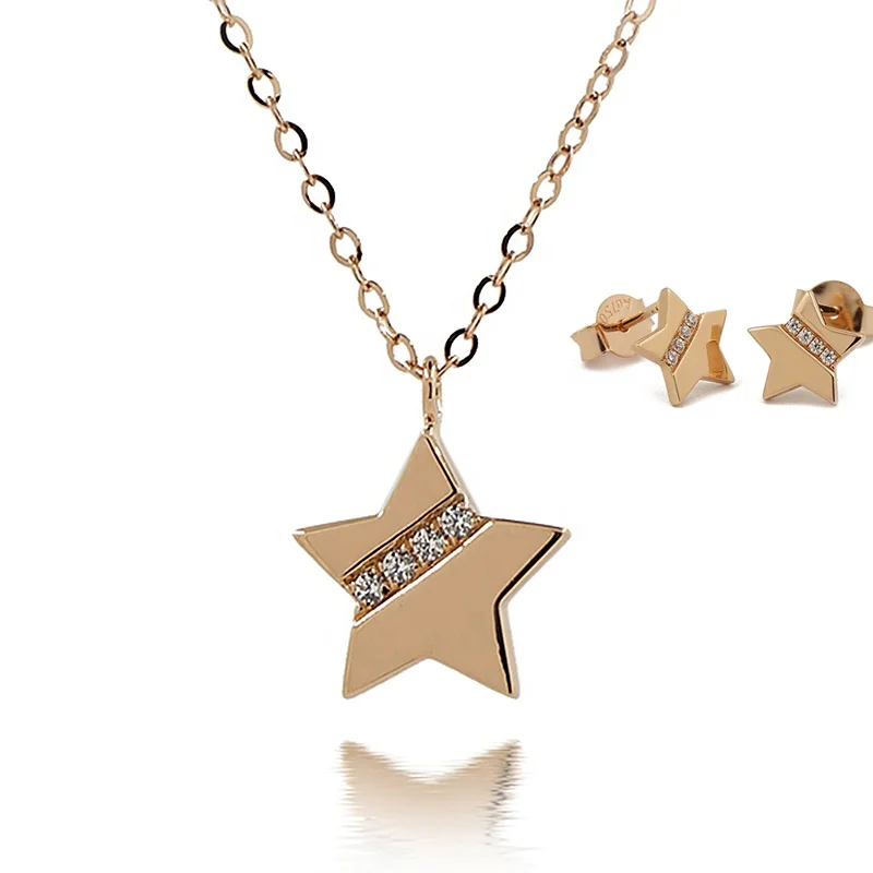 

Fashion Jewelry Sets 18K Pure Real Gold Necklace With Pendant Star Earring Studs with 5A CZ Stones AU750 For Women
