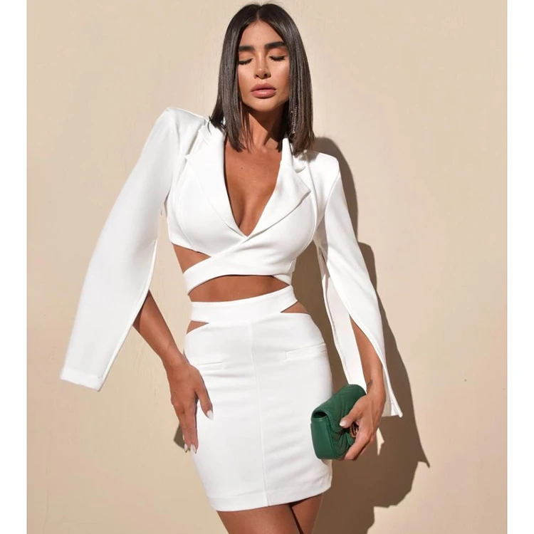 

New White Cutout Crop Blazer And Mini Skirt Two Pieces Suit Blazer Set For Women